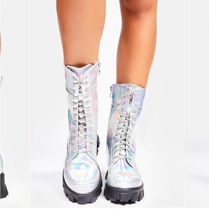Dolls Kill Holo Silver Combat Boots